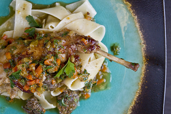 Rabbit Legs with Pappardelle, Wild Mushrooms & Carrots