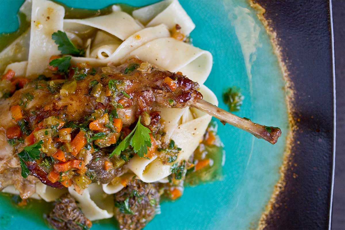 BRAISED RABBIT WITH MORELS OVER PAPPARDELLE