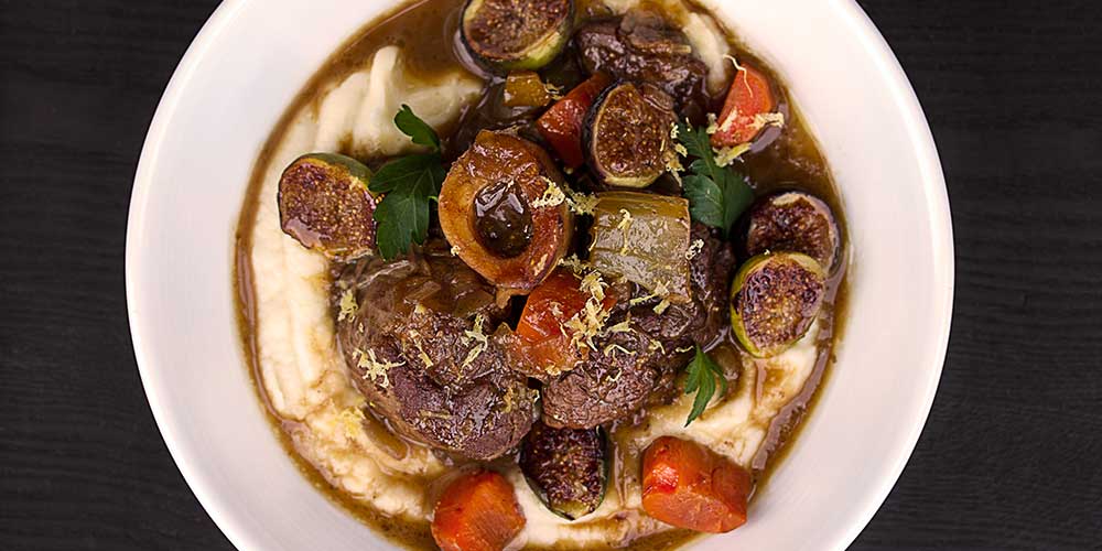 Braised Veal Osso Bucco with Preserved Lemon, Figs & Brown Butter Parsnip Puree