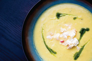 SWEET POTATO SOUP WITH LOBSTER & CORN CREAM