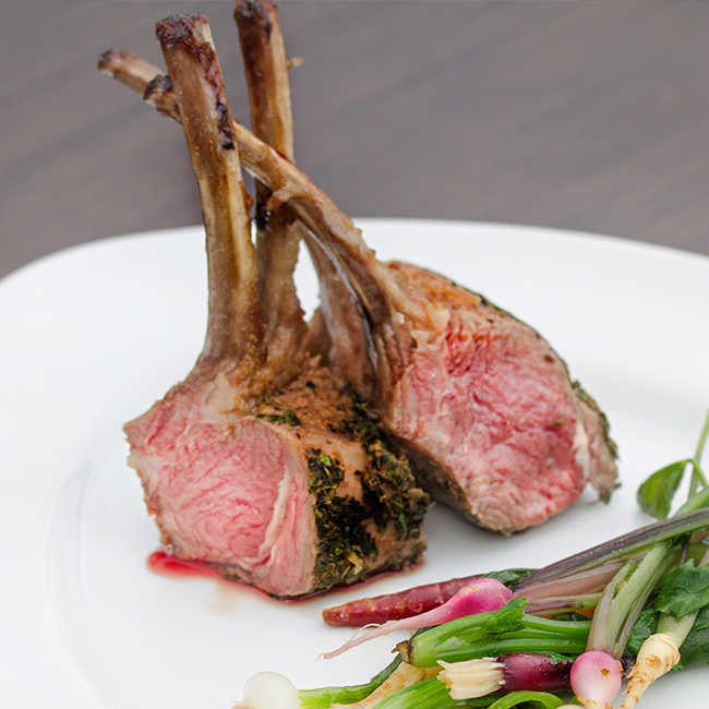 Herb-Crusted Rack of Lamb with Baby Vegetables 