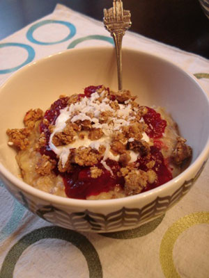 Cranberry Sauce Oatmeal with Maple Frosting and Coconut