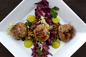 Veal Crepinettes with Green Apple Vinaigrette, Beans And Braised Cabbage