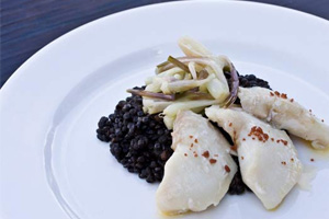 Butter-Poached Halibut Cheeks with Ramps