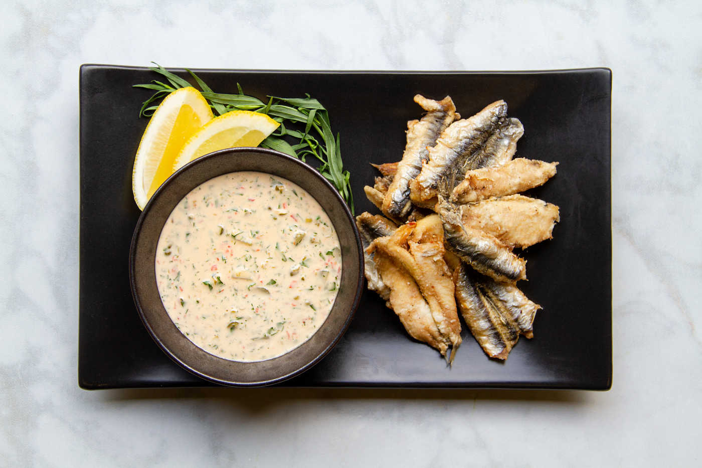CURED & FRIED ANCHOVY FILLETS WITH SPICY REMOULADE SAUCE