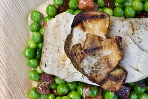GRILLED BLACK COD WITH TRUFFLED PEAS & PANCETTA