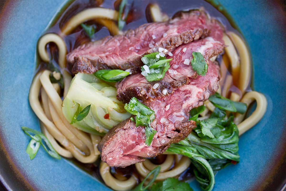 Hanger steak udon noodle soup.