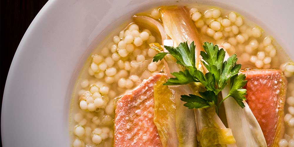 Olive Oil Poached Salmon with Israeli Couscous Broth