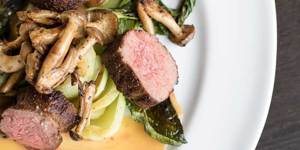 Porcini Crusted Teres Majors with Miso Butter, Bok Choy & Beech Mushrooms