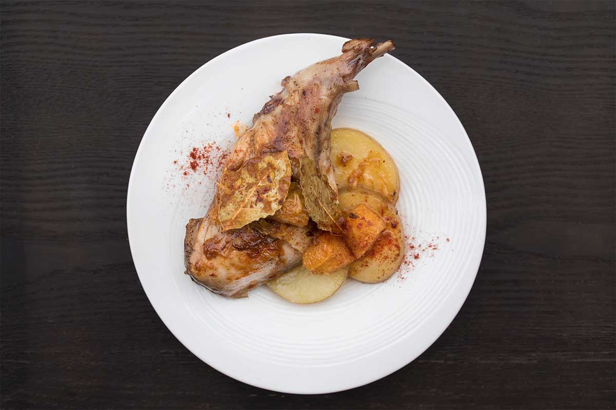 Citrus & saffron braised rabbit legs with potatoes