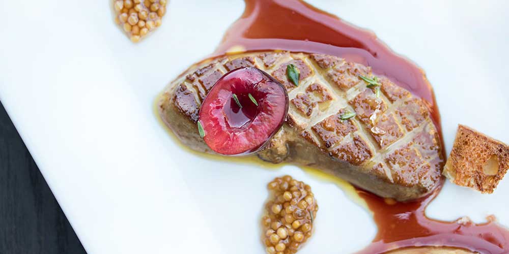 Seared Foie Gras with Tart Cherry Reduction, Pickled Cherries & Mustard Seeds