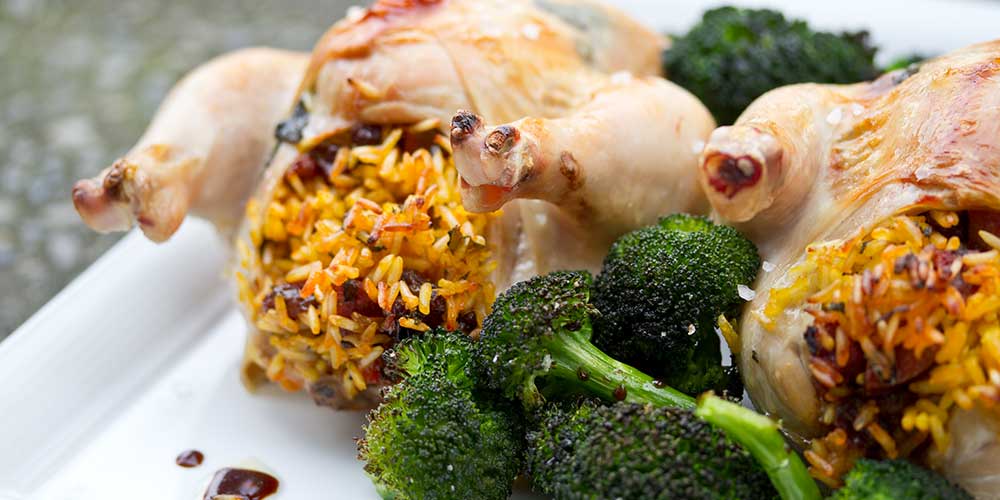 Saffron Rice & Chorizo Stuffed Cornish Game Hens