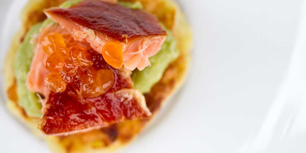 Sweet Potato Cakes w/ Wasabi Avocado Cream & Smoked Fish