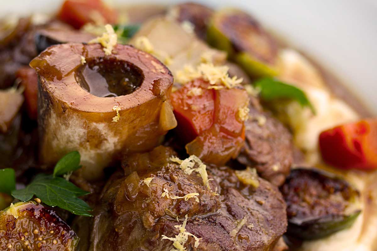 Braised veal osso bucco with preserved lemon, figs and brown butter parsnip puree.