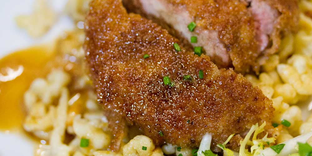 Pan-Seared Schnitzel with Spaetzle and a Celery Root & Asian Pear Salad