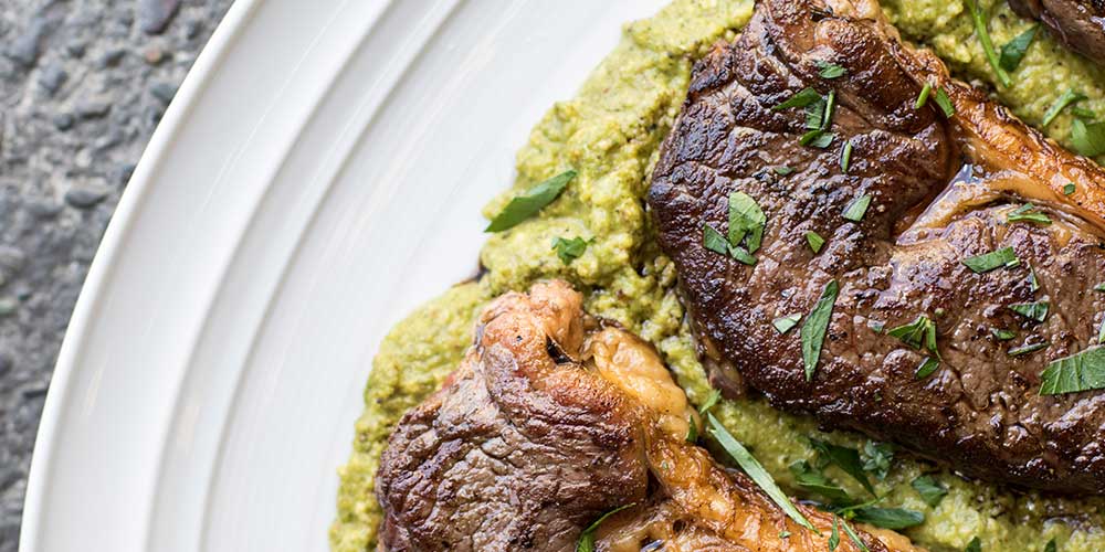  Wagyu Strip Steaks with Hazelnut Green Romesco (aka Greenut Butter)