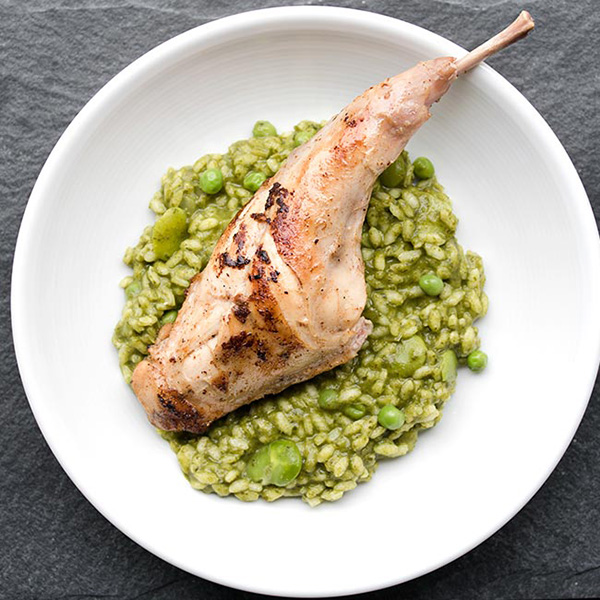 Green Risotto with Fava Beans, Peas & Rabbit